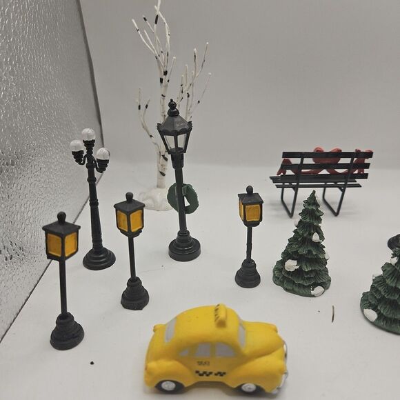 Vintage Village Mini Yellow Taxi Ceramic Car Trees Street Lamps Decorations - Picture 5 of 16